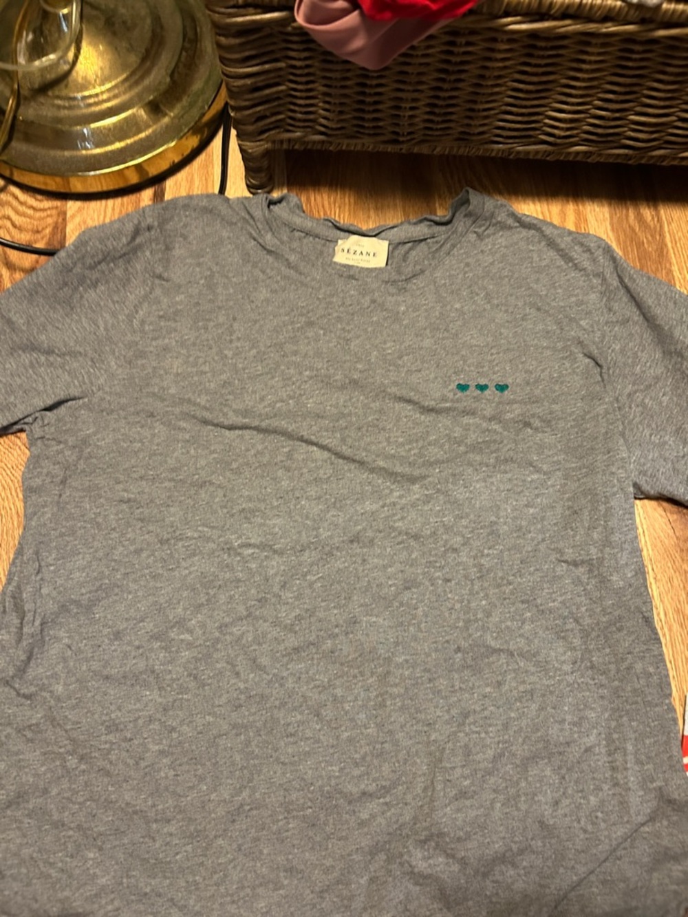 Sezane Gray Short-Sleeve Tee with Teal Heart Accents